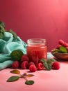 Jar of jam with raspberries and mint leaves on delicate color background. Royalty Free Stock Photo