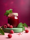 Jar of jam with raspberries and mint leaves on delicate color background.