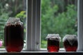 Jar, jars of jam with red currants standing on the windowsill in the farmhouse. View of the garden Royalty Free Stock Photo