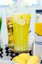 Jar of lemonade. fresh sliced lemons. Ice cold useful juicy beverage. Refreshing drink during Summer time Royalty Free Stock Photo