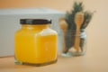 A jar with lid of homemade lemon curd Royalty Free Stock Photo