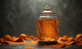 A jar of liquid is sitting on a table with orange peels around it.