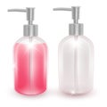 Jar with liquid soap or shampoo on a white background, a vial with a pink liquid and the empty jar, the template for your brand.