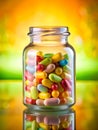 a jar made of transparent glass, through which multi-colored vitamins, capsules, and tablets are visible inside. Royalty Free Stock Photo