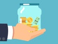 Jar with money in hand. Saving money flat vector concept Royalty Free Stock Photo