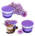 jar natural cream sprig fresh bloom white and purple lilac perspective, fresh delicate flowers and petals, roasted coffee beans f