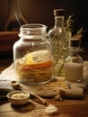 A jar of natural ingredients and oils that can be used in homemade antiaging masks and remedies.. AI generation