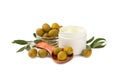 Jar of natural olive cream with olive oil extract isolated on white background.