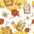 Jar with natural organic honey, beekeeping pattern