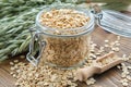 Jar of oat flakes and green oat ears on wooden table