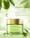 Jar of olive cream on green background . Element for modern design, advertising for sales