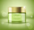 Jar of olive cream on green background . Element for modern design, advertising for sales, template cosmetic face cream, body.