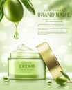 Jar of olive cream on green background . Element for modern design, advertising for sales, template cosmetic face cream, body.