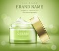 Jar of olive cream on green background . Element for modern design, advertising for sales, template cosmetic face cream, body.