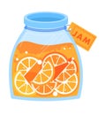 Jar of orange jam with label and citrus slices. Homemade marmalade preserve illustration. Organic food and sweet dessert