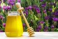 Jar of organic floral honey with a drizzle against lavender background . Outdoor