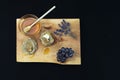 Jar with organic honey, nut, grape, walnut and lavender on wood Royalty Free Stock Photo