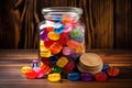 jar overflowing with bright, striped hard candies on a wooden table