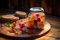 jar overflowing with bright, striped hard candies on a wooden table
