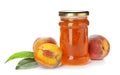 Jar with peach jam and fresh fruit Royalty Free Stock Photo