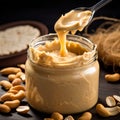 Creamy And Crunchy Peanut Butter On Dark Background