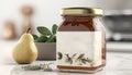 A Jar Of Pear Jam With A Sprig Of Fresh Thyme On Top On A White Marble Countertop. Generative AI Royalty Free Stock Photo