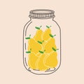 Jar with pears. Compote. Vector in cartoon style.