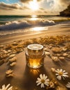 A jar of perfume resting on a beach surrounded by daisies