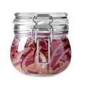 Jar of pickled onions on white Royalty Free Stock Photo