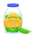 Jar of pickles with a blue lid and label. Cartoon cucumbers in a transparent container. Pickled cucumbers vector