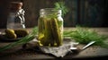 A Jar Of Pickles With A Fork And Dill Sprigs. Generative AI