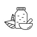 Jar with pills, two leaves on back and mortar with Pestle. Linear Homeopathy icon. Black illustration of crushed drug. Contour