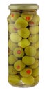 A jar of pitted stuffed green olives isolated, clipping path included. Royalty Free Stock Photo