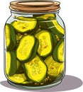 Jar preserved vegetables. Can of pickled cucumbers. Cartoon canned food in glass. Grocery conserve container, vector