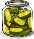 Jar preserved vegetables. Can of pickled cucumbers. Cartoon canned food in glass. Grocery conserve container, vector