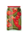 Jar preserved vegetables. Can of pickled cucumbers or pickles and tomatoes. Cartoon canned food in glass. Grocery