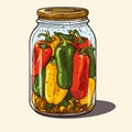 Jar preserved vegetables. Can of pickled pepper. Cartoon canned food in glass. Grocery conserve container