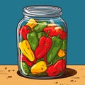 Jar preserved vegetables. Can of pickled pepper. Cartoon canned food in glass. Grocery conserve container