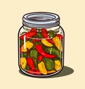 Jar preserved vegetables. Can of pickled pepper. Cartoon canned food in glass. Grocery conserve container