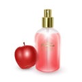 Jar with red perfume on a red apple background, realistic jar with dispenser, perfume with Apple aroma, vector EPS 10 illustration