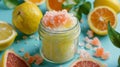 A jar of rich creamy body scrub made with natural sea salt and invigorating citrus scents