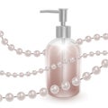 A jar of shampoo or liquid soap of pearl color, realistic shampoo bottle and strings of pearls on white background, cosmetic