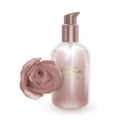 A jar of shampoo or liquid soap with the scent of rose, realistic shampoo bottle and rose on white background, cosmetic product