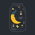 Jar with sleeping smiling moon and firefly in the night.