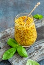 Jar of spicy mustard sauce and green basil. Royalty Free Stock Photo