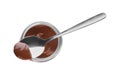 Jar and spoon with tasty chocolate paste on white, top view Royalty Free Stock Photo