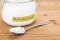 Jar and spoonful of baking soda for multiple holistic usages Royalty Free Stock Photo