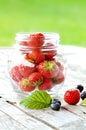 Jar of strawberries and blueberries with green leaf