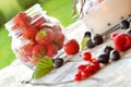 Jar of strawberries, white yogurt, blueberries and raspberries