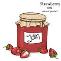 Jar of strawberry jam and fresh ripe strawberries on a white background. Vector illustration in sketch style. Royalty Free Stock Photo